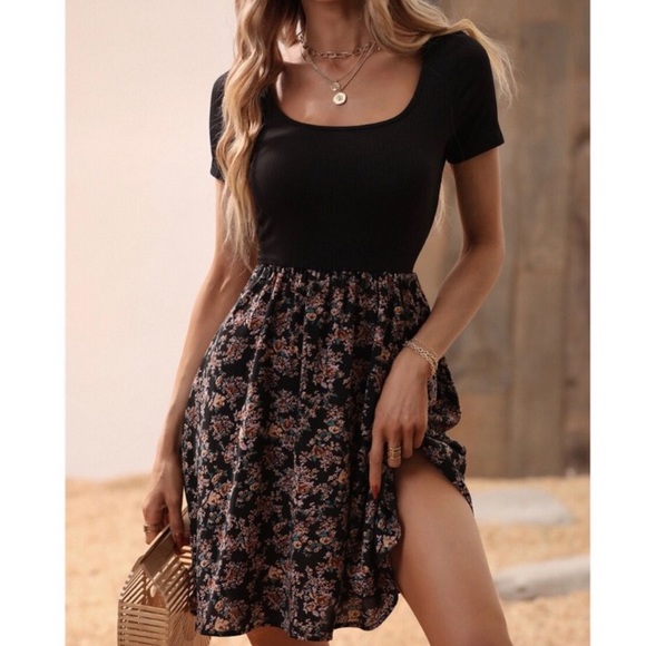 Boho black floral print mini dress - Picture 1 of 6